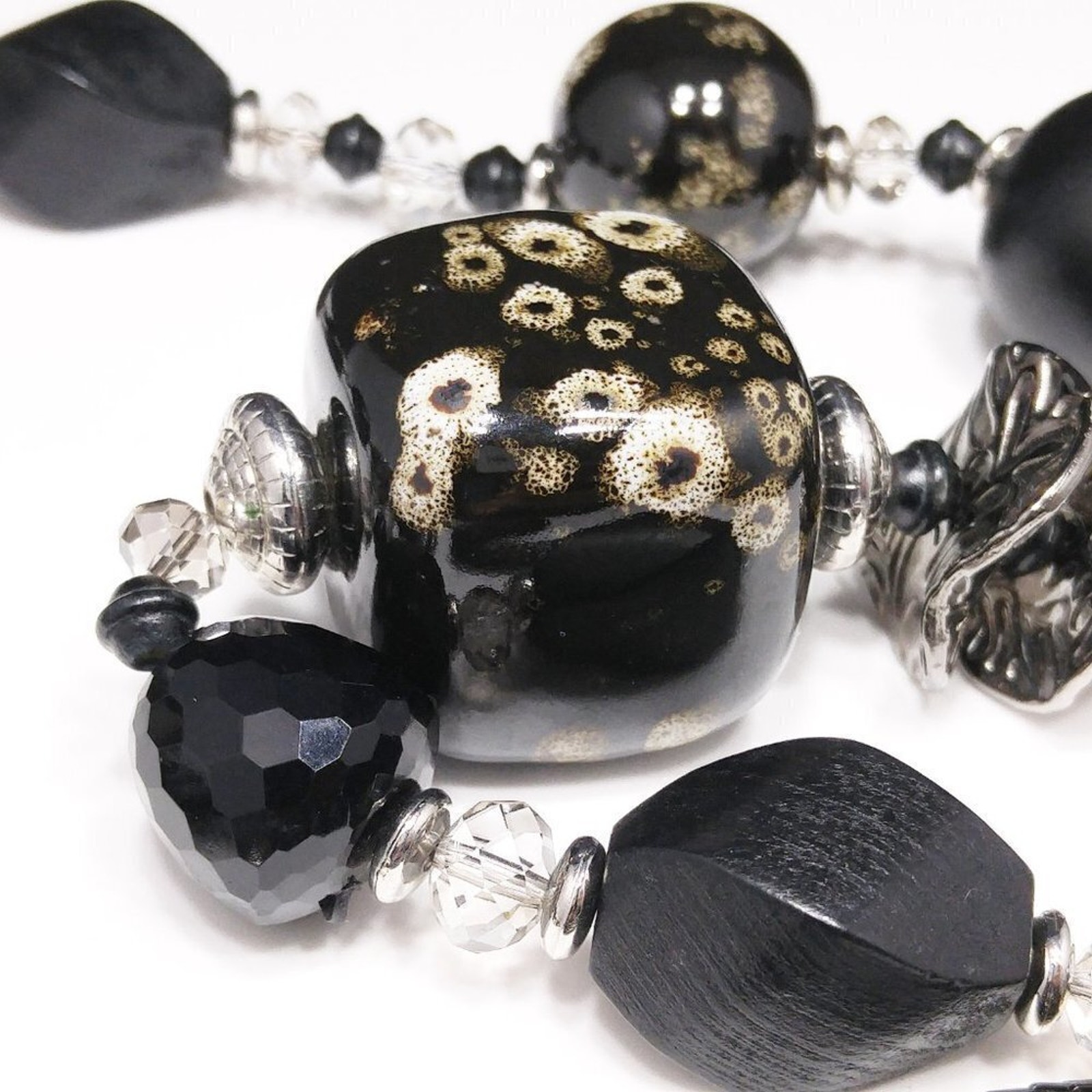 Long Black Art Glass & Wooden Beaded Mesh Necklace, 34 Inches, Signed Cj Banks